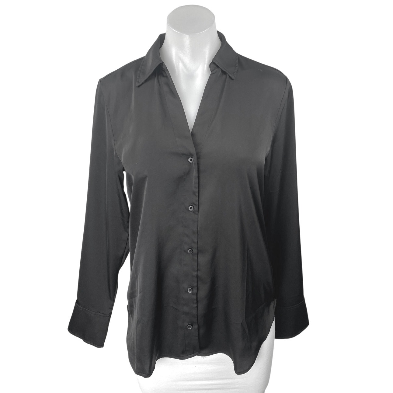 H&M Black Silk Satin Long Sleeve V Neck Button Down Shirt Blouse Top Size Xs